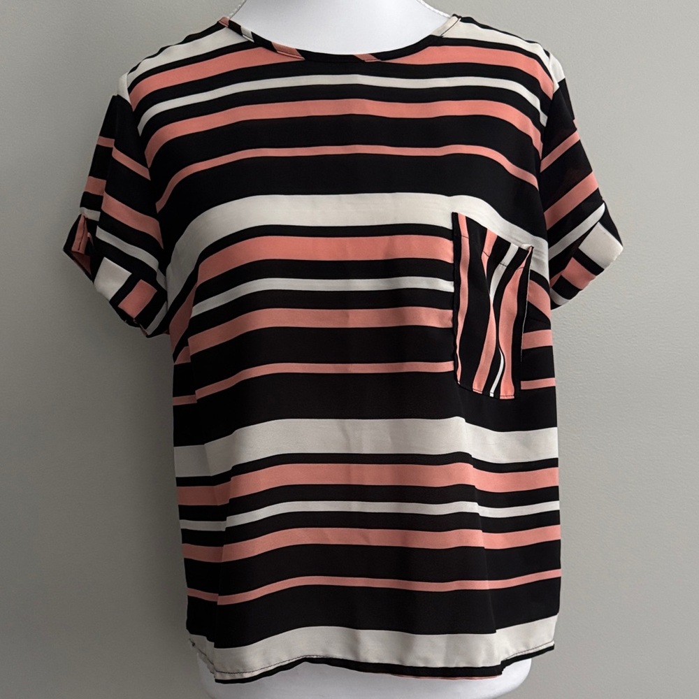 Atmosphere Black and Pink Striped Short Sleeve Light Top size 6